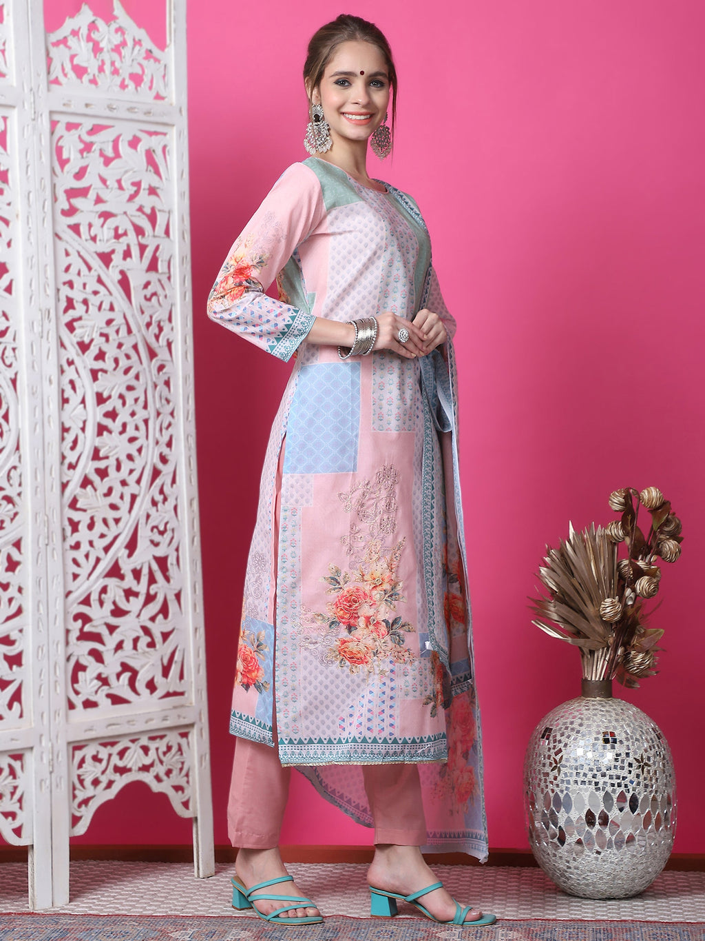 Jyoti Fashion Women's Multicolor Cotton Geometric Digital Print with Jari & Crystal Kurta with Trouser & Dupatta | Grocsy