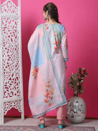 Jyoti Fashion Women's Multicolor Cotton Geometric Digital Print with Jari & Crystal Kurta with Trouser & Dupatta | Grocsy