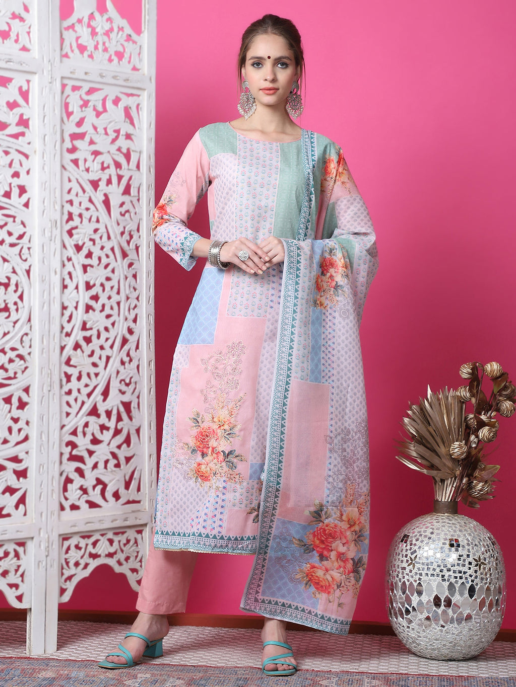 Jyoti Fashion Women's Multicolor Cotton Geometric Digital Print with Jari & Crystal Kurta with Trouser & Dupatta | Grocsy