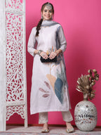 Jyoti Fashion Women's Beige Cotton Geometric Digital Print with Jari & Crystal Kurta with Trouser & Dupatta | Grocsy
