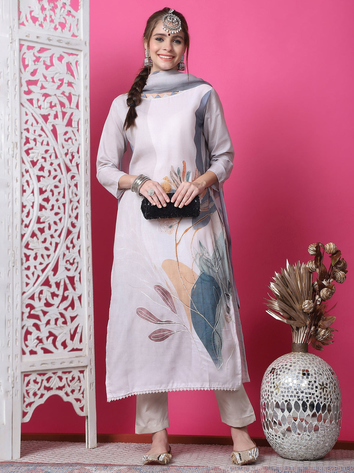 Jyoti Fashion Women's Beige Cotton Geometric Digital Print with Jari & Crystal Kurta with Trouser & Dupatta | Grocsy