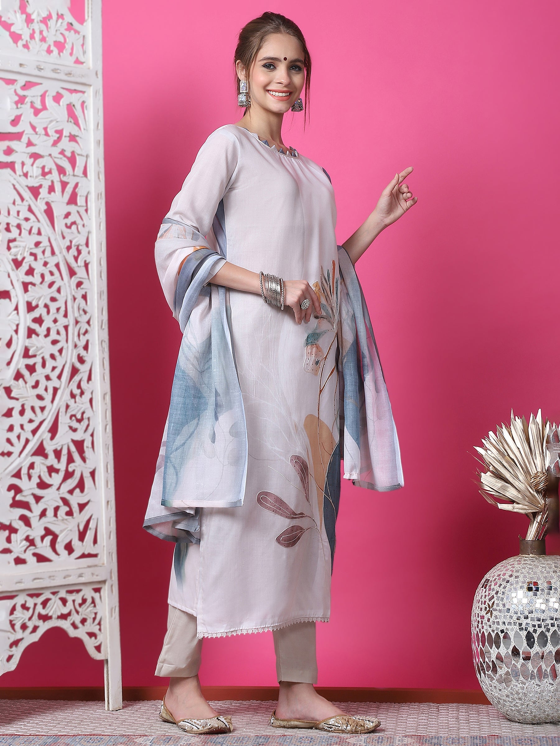 Jyoti Fashion Women's Beige Cotton Geometric Digital Print with Jari & Crystal Kurta with Trouser & Dupatta | Grocsy