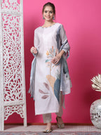 Jyoti Fashion Women's Beige Cotton Geometric Digital Print with Jari & Crystal Kurta with Trouser & Dupatta | Grocsy