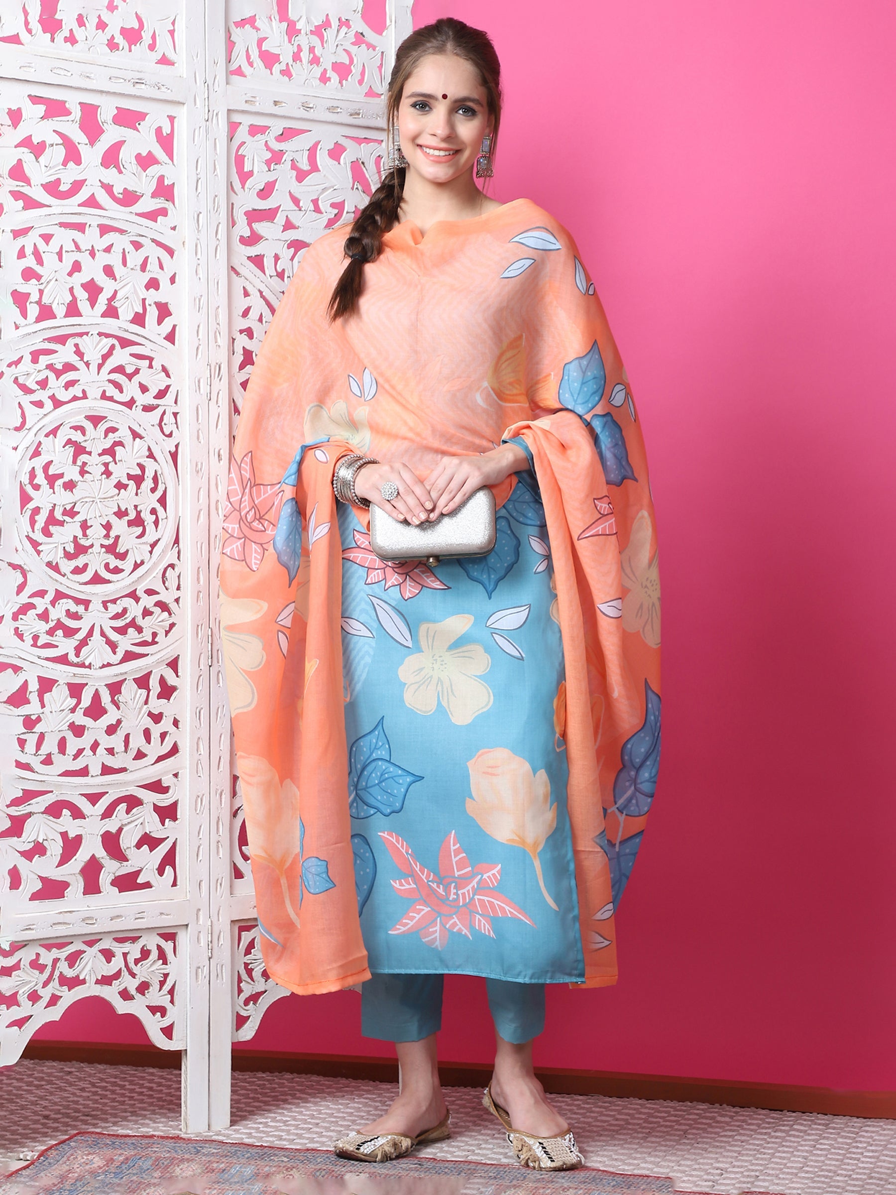 Jyoti Fashion Women's Sky Blue Cotton Geometric Digital Print with Jari & Crystal Kurta with Trouser & Dupatta | Grocsy