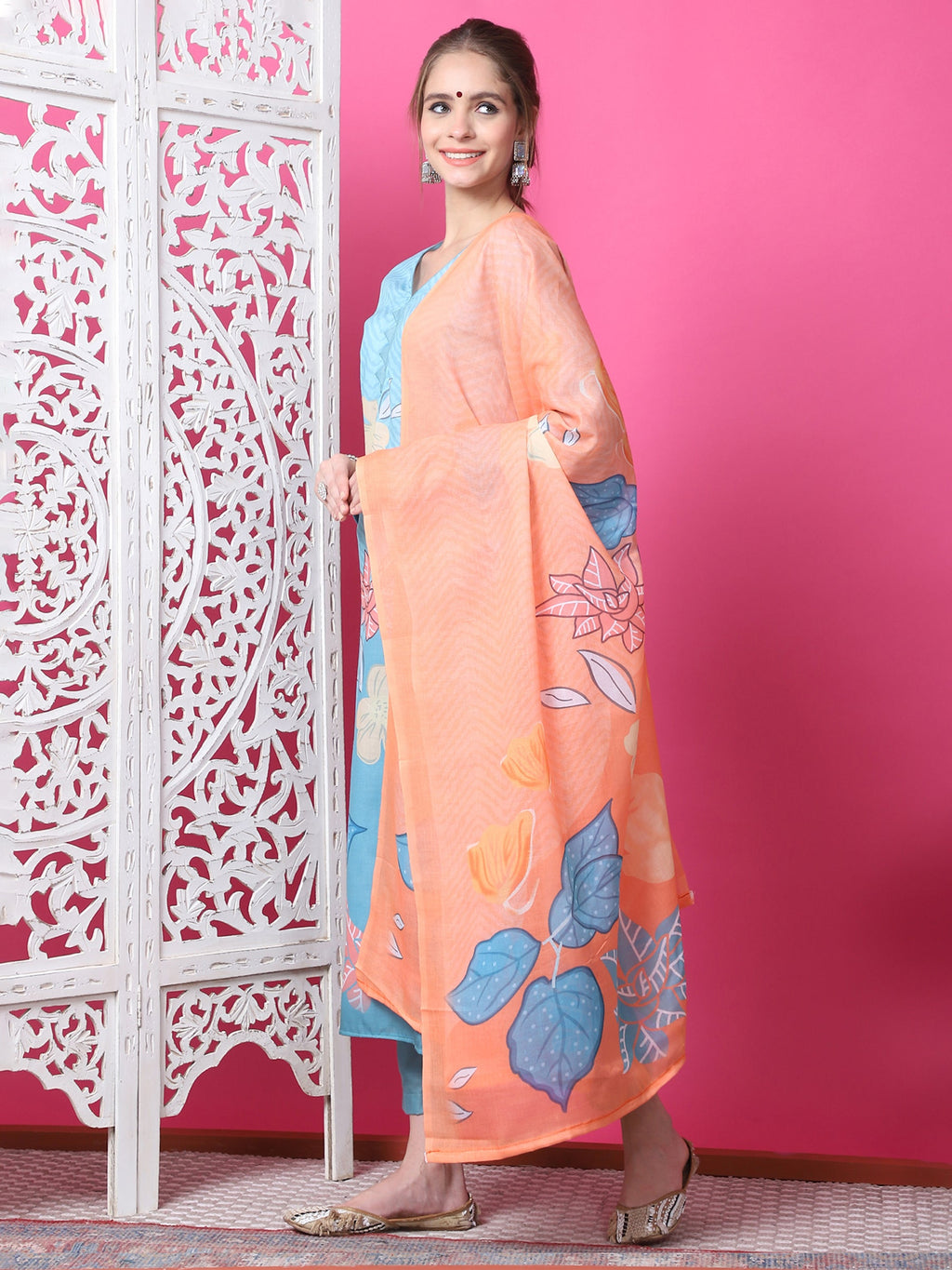 Jyoti Fashion Women's Sky Blue Cotton Geometric Digital Print with Jari & Crystal Kurta with Trouser & Dupatta | Grocsy
