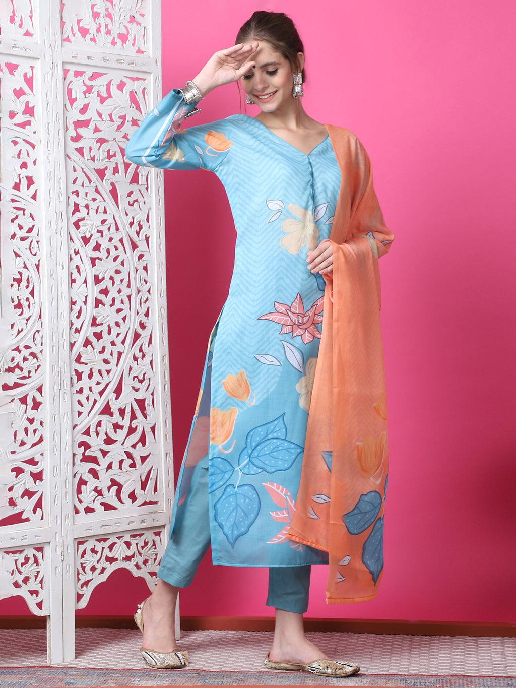 Jyoti Fashion Women's Sky Blue Cotton Geometric Digital Print with Jari & Crystal Kurta with Trouser & Dupatta | Grocsy
