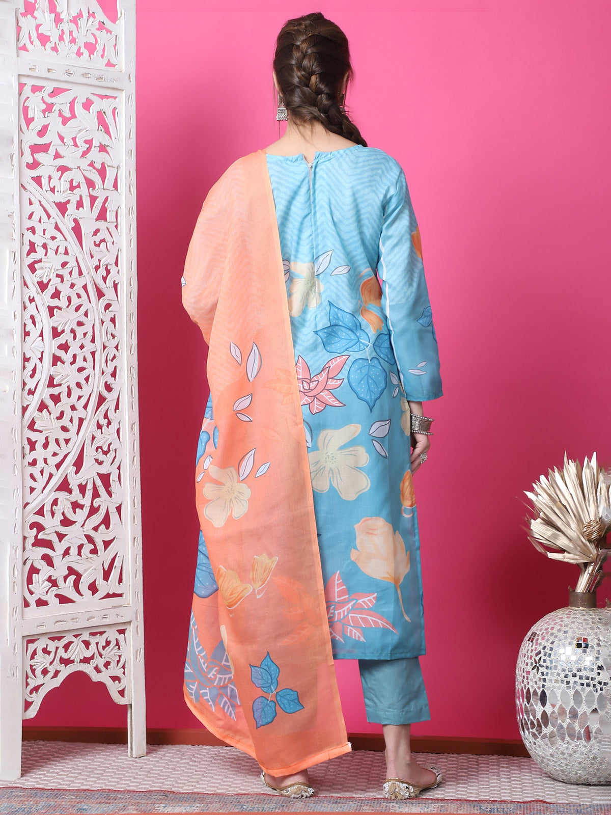 Jyoti Fashion Women's Sky Blue Cotton Geometric Digital Print with Jari & Crystal Kurta with Trouser & Dupatta | Grocsy