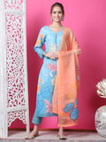Jyoti Fashion Women's Sky Blue Cotton Geometric Digital Print with Jari & Crystal Kurta with Trouser & Dupatta | Grocsy