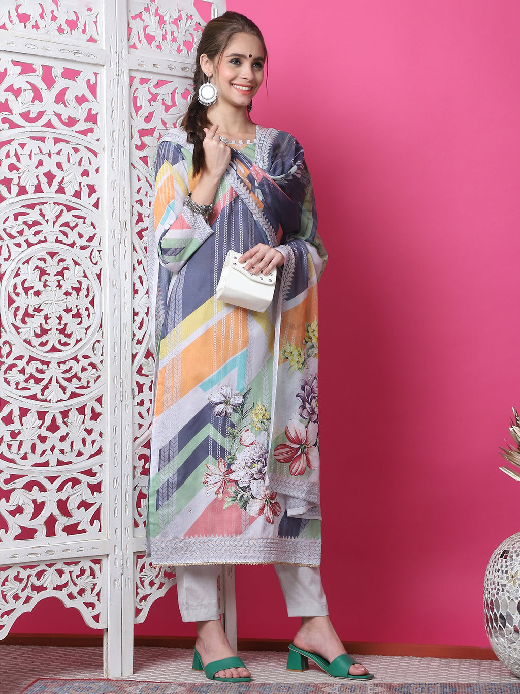 Jyoti Fashion Women's Multicolor Cotton Geometric Digital Print with Jari & Crystal Kurta with Trouser & Dupatta | Grocsy