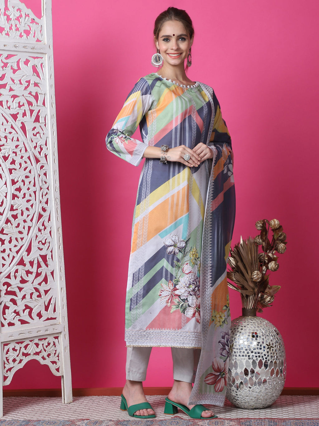 Jyoti Fashion Women's Multicolor Cotton Geometric Digital Print with Jari & Crystal Kurta with Trouser & Dupatta | Grocsy