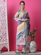 Jyoti Fashion Women's Multicolor Cotton Geometric Digital Print with Jari & Crystal Kurta with Trouser & Dupatta | Grocsy