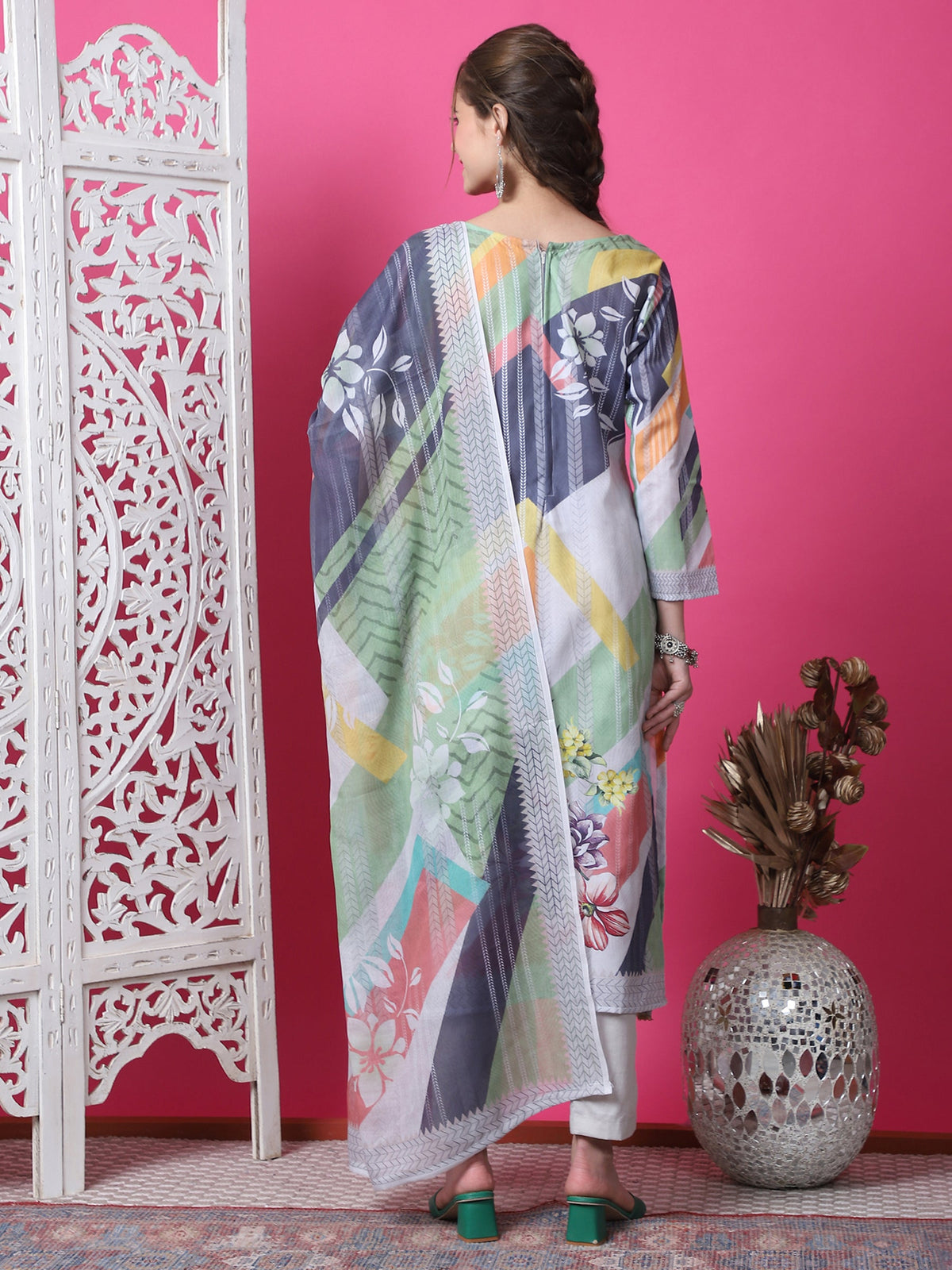 Jyoti Fashion Women's Multicolor Cotton Geometric Digital Print with Jari & Crystal Kurta with Trouser & Dupatta | Grocsy