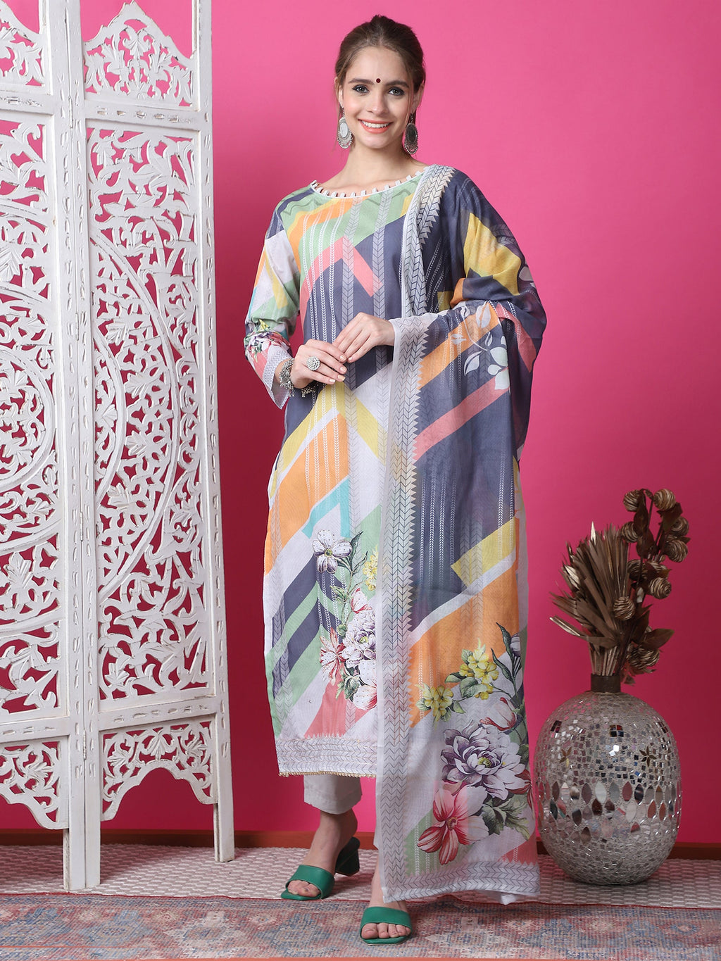 Jyoti Fashion Women's Multicolor Cotton Geometric Digital Print with Jari & Crystal Kurta with Trouser & Dupatta | Grocsy