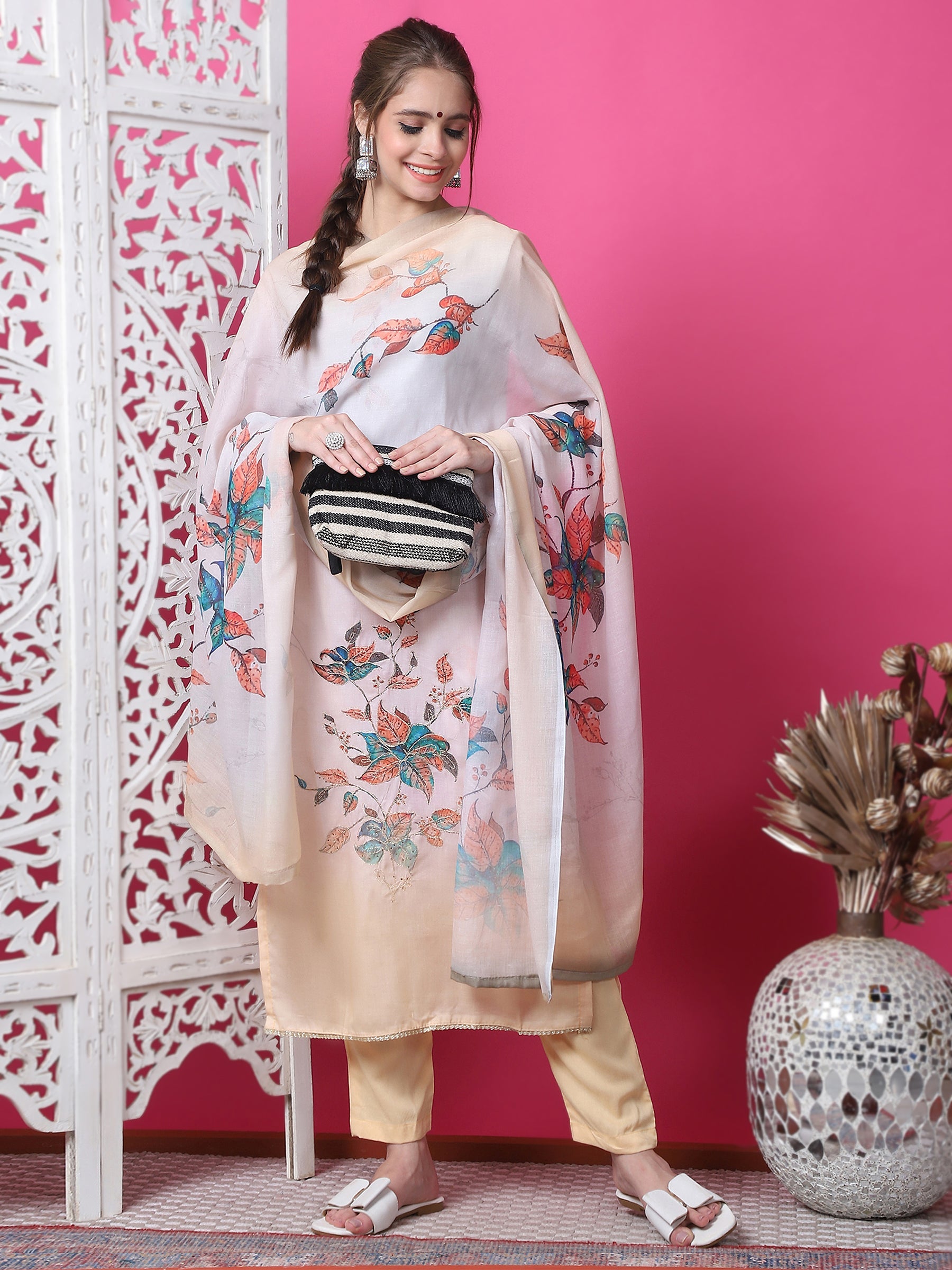 Jyoti Fashion Women's Multicolor Cotton Geometric Digital Print with Jari & Crystal Kurta with Trouser & Dupatta | Grocsy