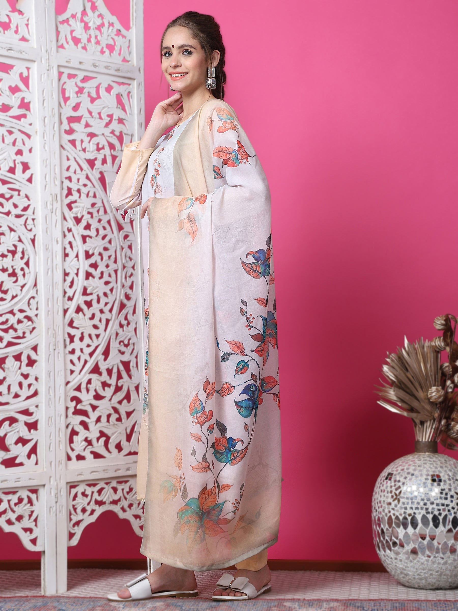 Jyoti Fashion Women's Multicolor Cotton Geometric Digital Print with Jari & Crystal Kurta with Trouser & Dupatta | Grocsy