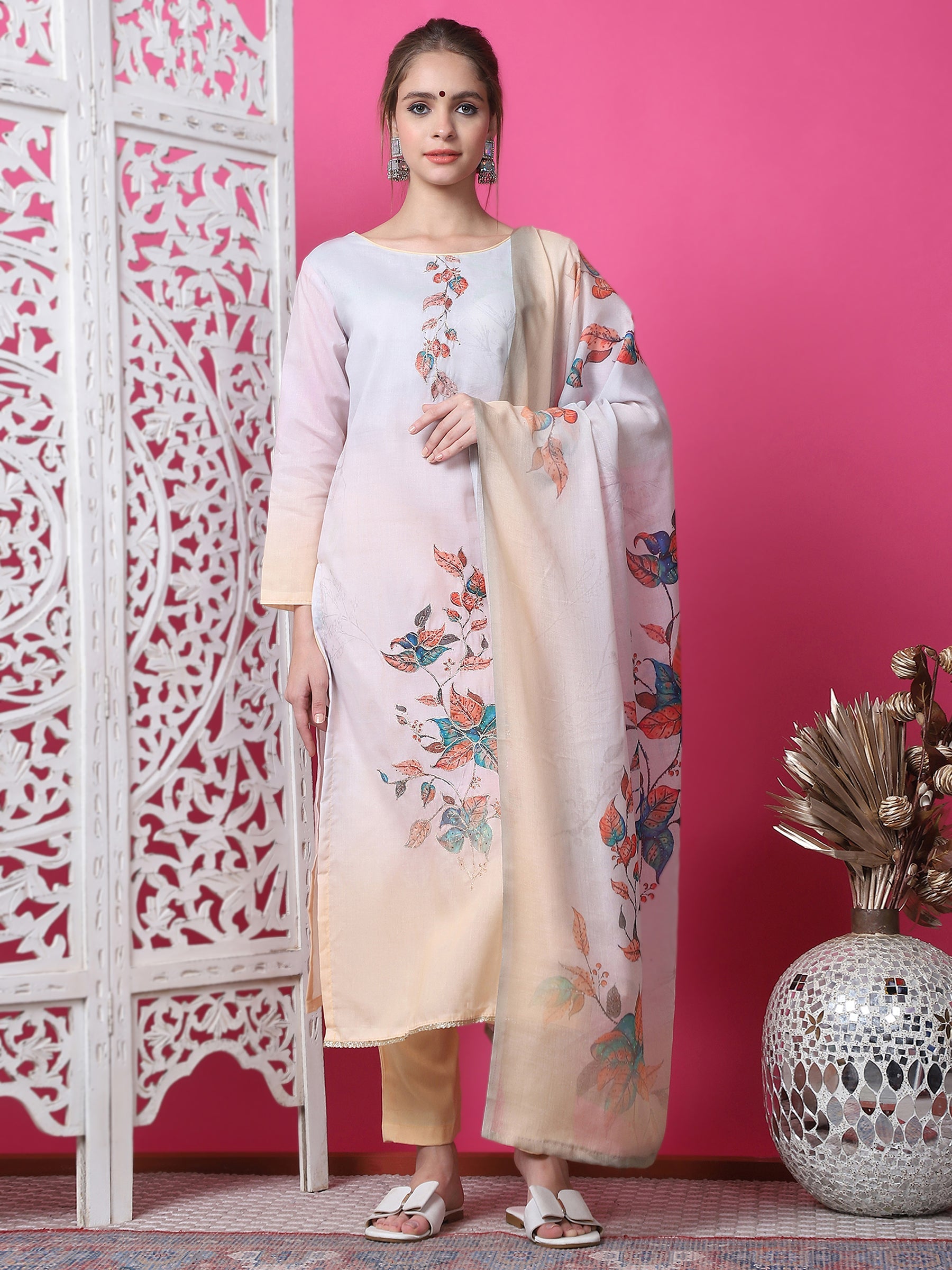 Jyoti Fashion Women's Multicolor Cotton Geometric Digital Print with Jari & Crystal Kurta with Trouser & Dupatta | Grocsy