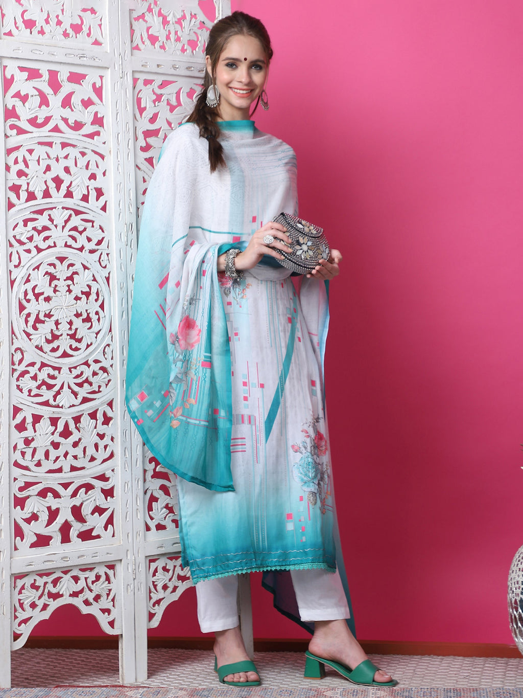 Jyoti Fashion Women's Multicolor Cotton Geometric Digital Print with Jari & Crystal Kurta with Trouser & Dupatta | Grocsy