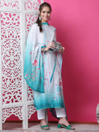 Jyoti Fashion Women's Multicolor Cotton Geometric Digital Print with Jari & Crystal Kurta with Trouser & Dupatta | Grocsy