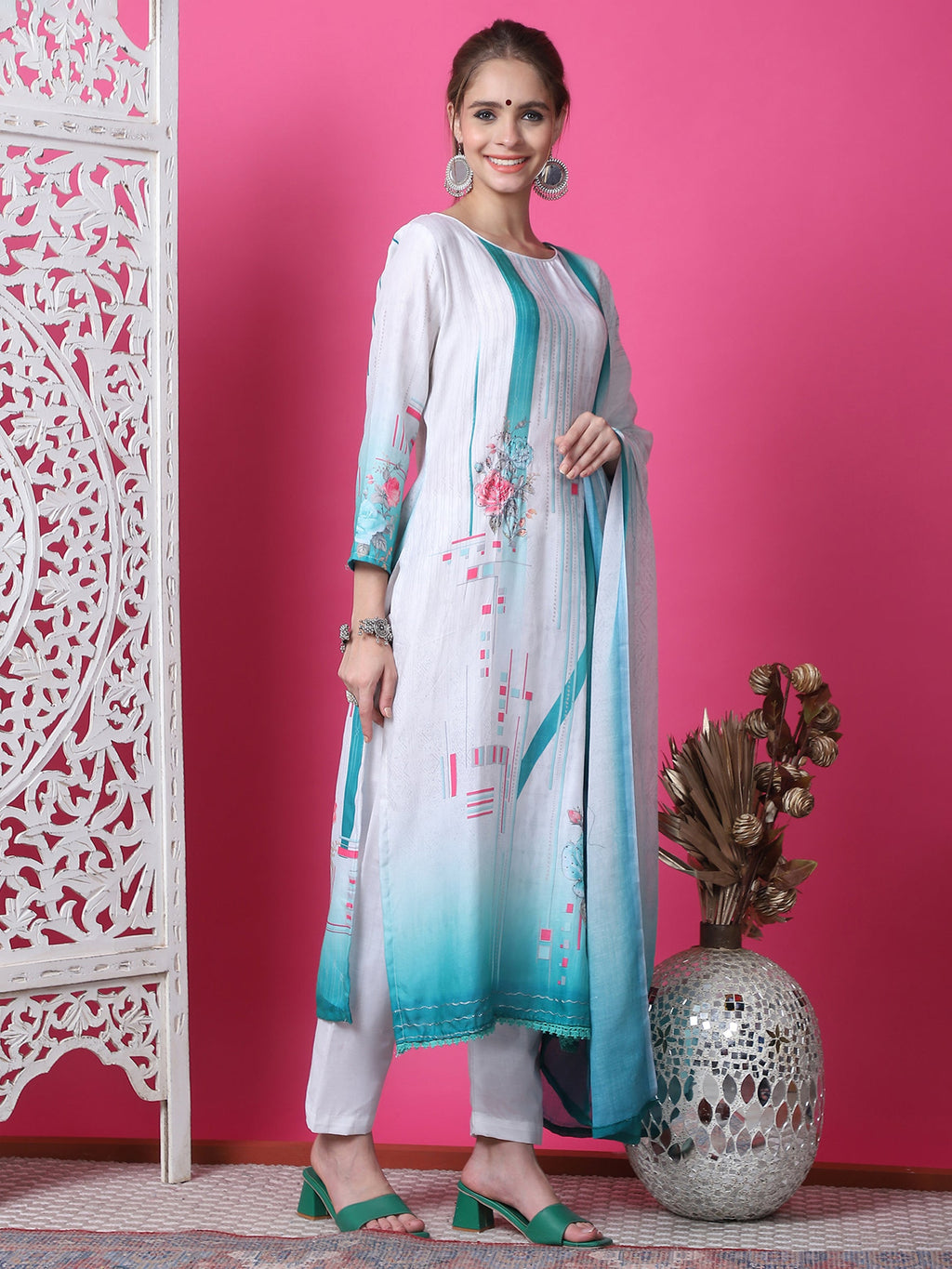 Jyoti Fashion Women's Multicolor Cotton Geometric Digital Print with Jari & Crystal Kurta with Trouser & Dupatta | Grocsy