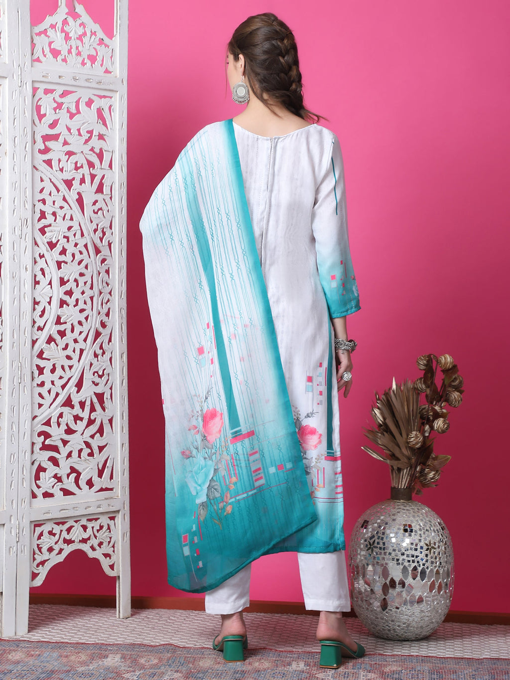 Jyoti Fashion Women's Multicolor Cotton Geometric Digital Print with Jari & Crystal Kurta with Trouser & Dupatta | Grocsy