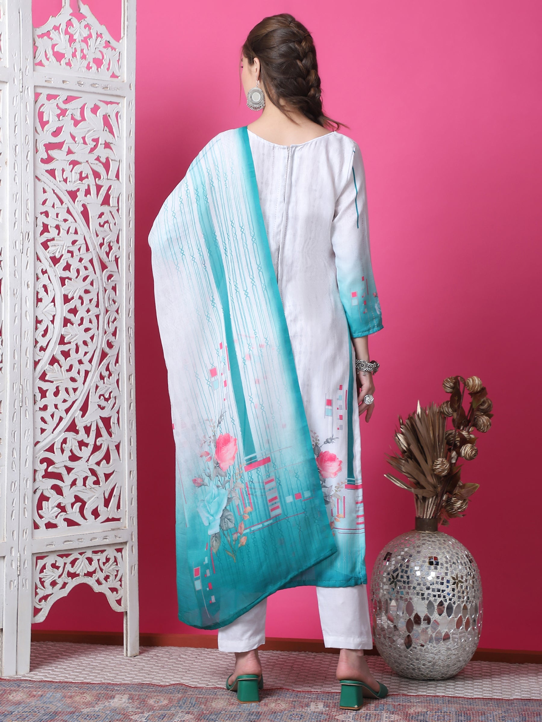 Jyoti Fashion Women's Multicolor Cotton Geometric Digital Print with Jari & Crystal Kurta with Trouser & Dupatta | Grocsy