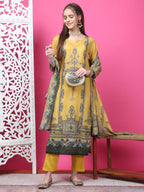 Jyoti Fashion Women's Mustard Cotton Geometric Digital Print with Jari & Crystal Kurta with Trouser & Dupatta | Grocsy