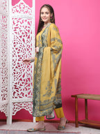Jyoti Fashion Women's Mustard Cotton Geometric Digital Print with Jari & Crystal Kurta with Trouser & Dupatta | Grocsy