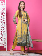 Jyoti Fashion Women's Mustard Cotton Geometric Digital Print with Jari & Crystal Kurta with Trouser & Dupatta | Grocsy