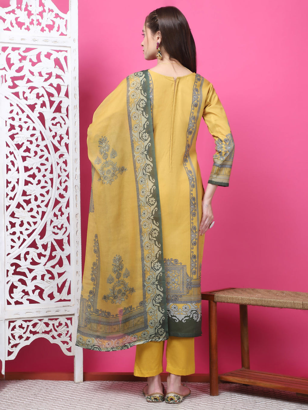 Jyoti Fashion Women's Mustard Cotton Geometric Digital Print with Jari & Crystal Kurta with Trouser & Dupatta | Grocsy