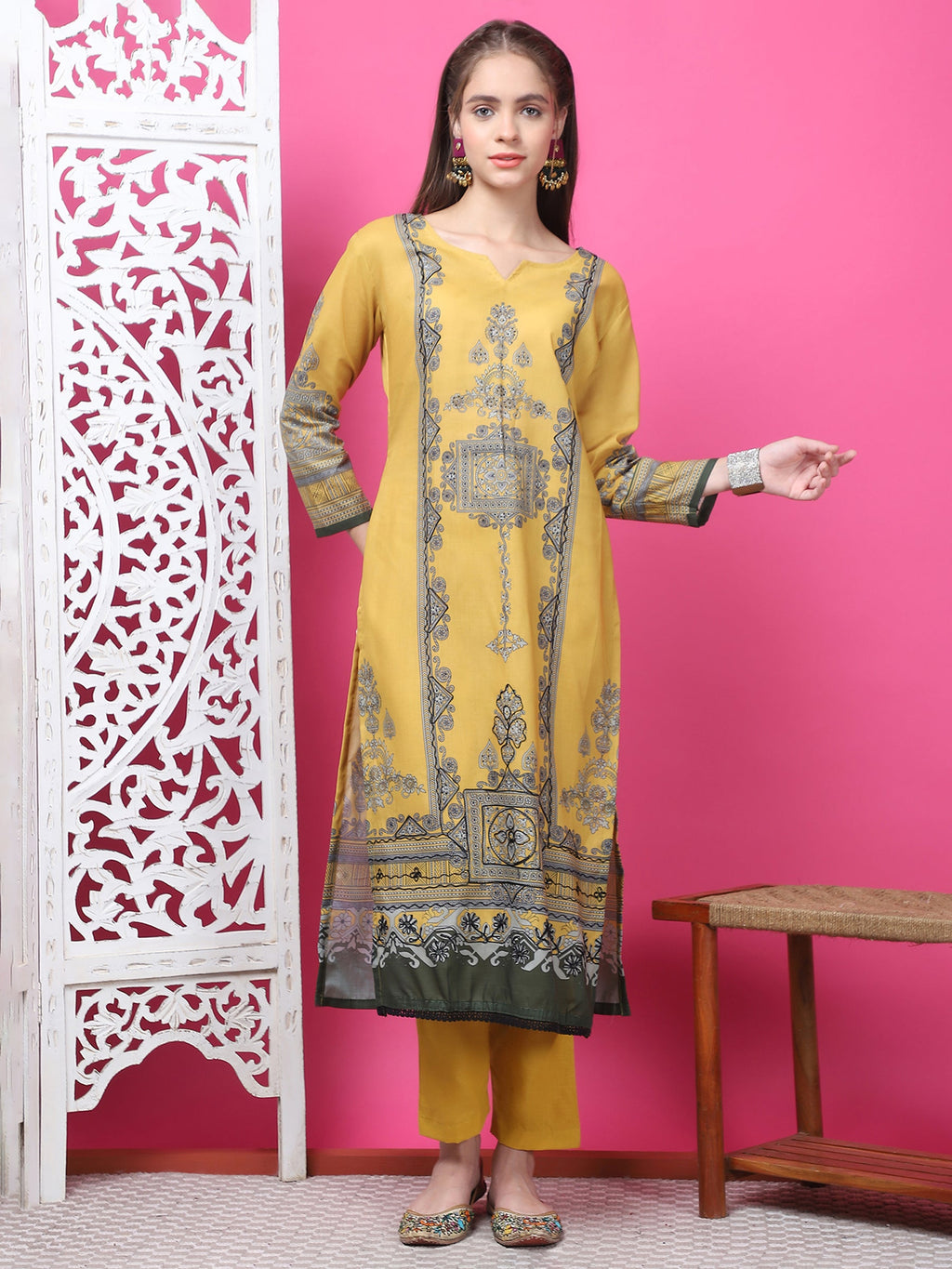 Jyoti Fashion Women's Mustard Cotton Geometric Digital Print with Jari & Crystal Kurta with Trouser & Dupatta | Grocsy