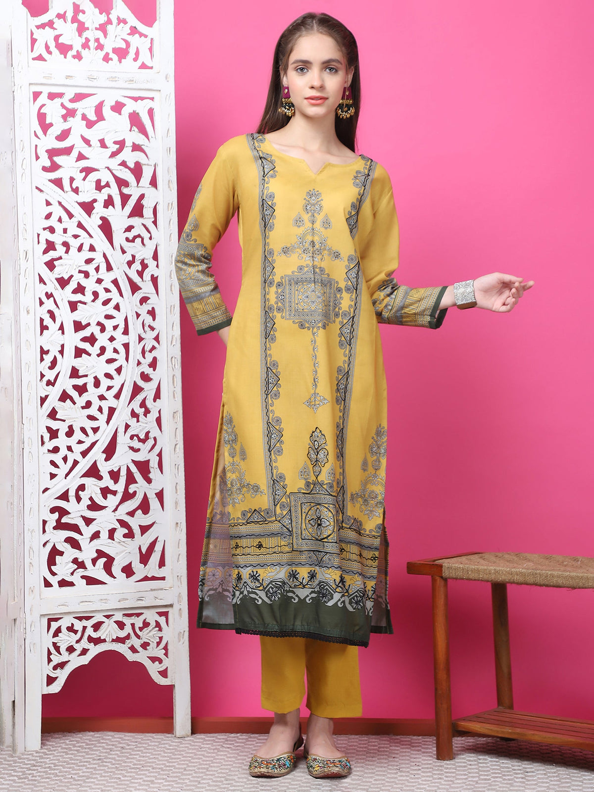 Jyoti Fashion Women's Mustard Cotton Geometric Digital Print with Jari & Crystal Kurta with Trouser & Dupatta | Grocsy