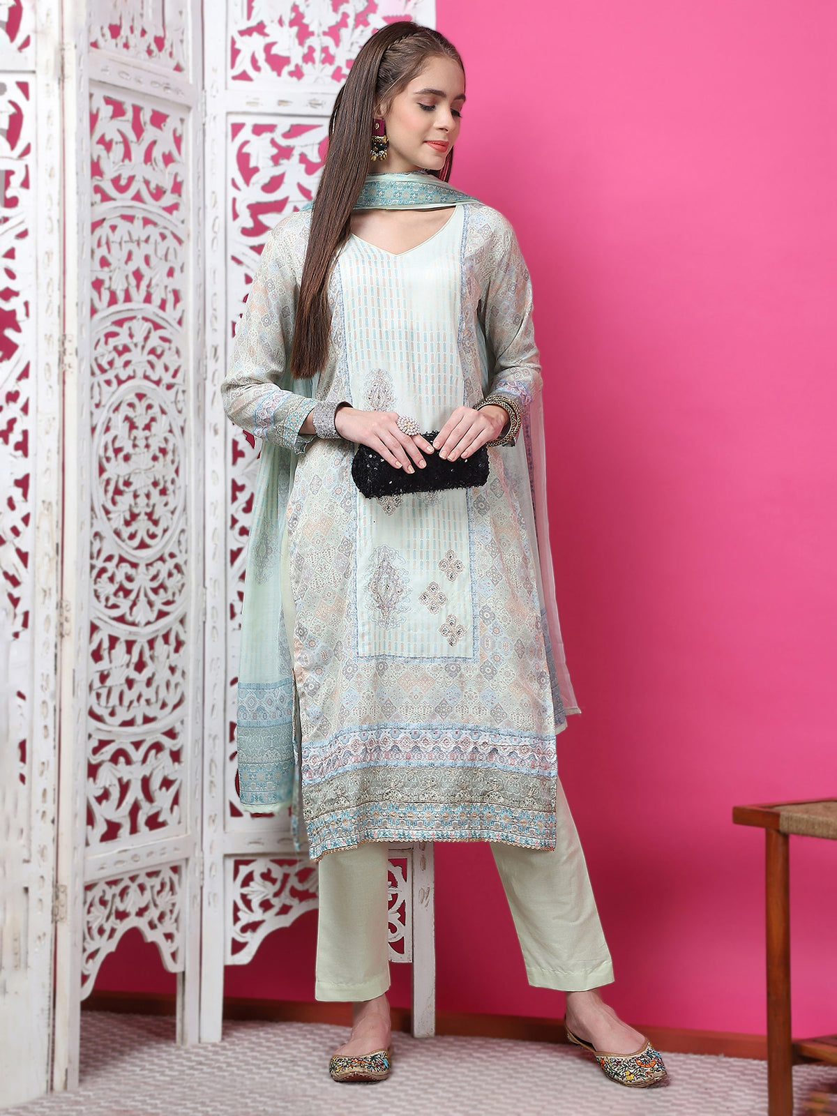 Jyoti Fashion Women's Pista Green Cotton Geometric Digital Print with Jari & Crystal Kurta with Trouser & Dupatta | Grocsy