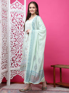 Jyoti Fashion Women's Pista Green Cotton Geometric Digital Print with Jari & Crystal Kurta with Trouser & Dupatta | Grocsy