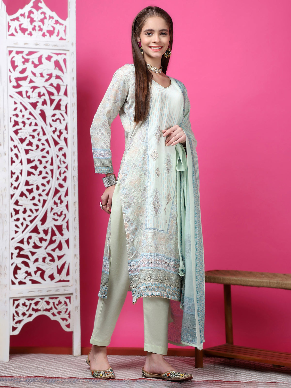 Jyoti Fashion Women's Pista Green Cotton Geometric Digital Print with Jari & Crystal Kurta with Trouser & Dupatta | Grocsy