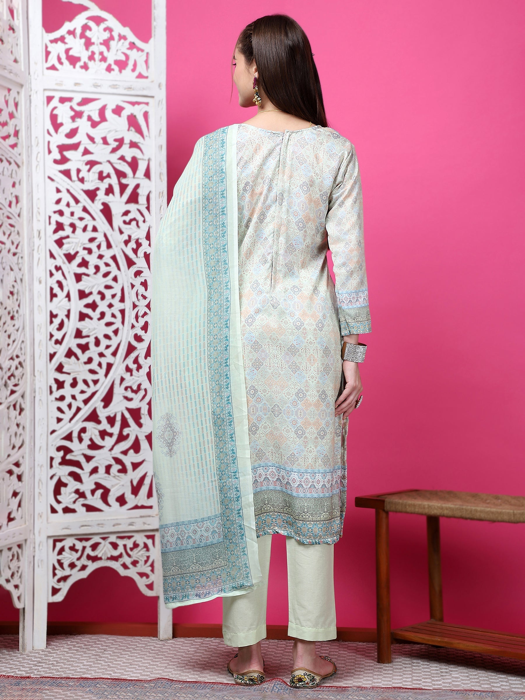 Jyoti Fashion Women's Pista Green Cotton Geometric Digital Print with Jari & Crystal Kurta with Trouser & Dupatta | Grocsy