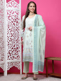 Jyoti Fashion Women's Pista Green Cotton Geometric Digital Print with Jari & Crystal Kurta with Trouser & Dupatta | Grocsy