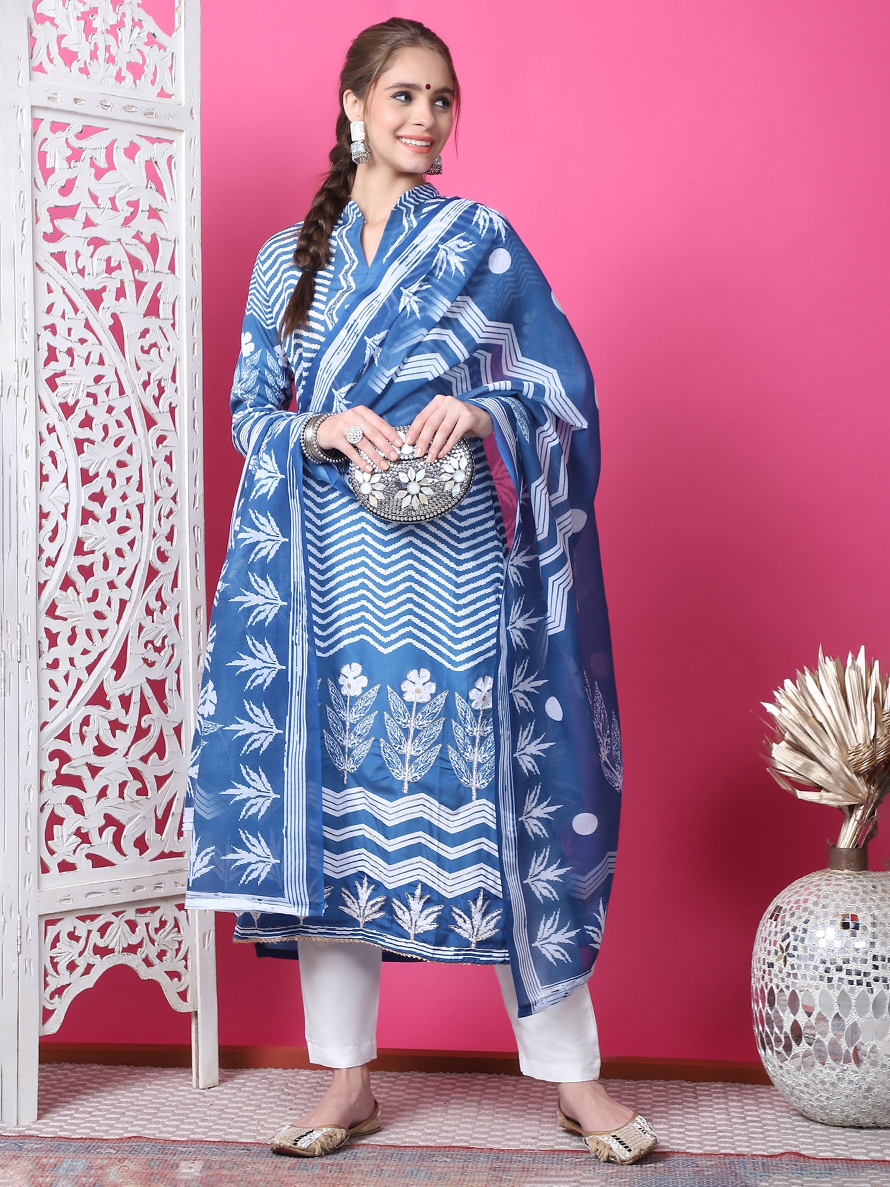 Jyoti Fashion Women's Indigo Blue Cotton Geometric Digital Print with Jari & Crystal Kurta with Trouser & Dupatta | Grocsy