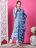 Jyoti Fashion Women's Indigo Blue Cotton Geometric Digital Print with Jari & Crystal Kurta with Trouser & Dupatta | Grocsy