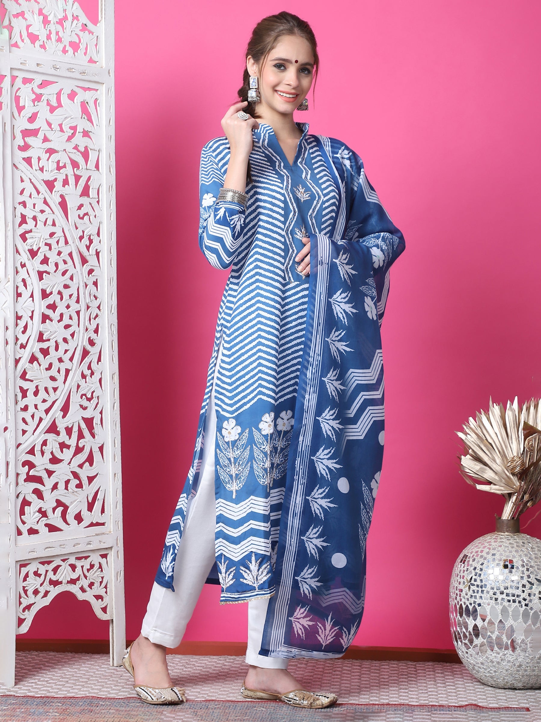 Jyoti Fashion Women's Indigo Blue Cotton Geometric Digital Print with Jari & Crystal Kurta with Trouser & Dupatta | Grocsy