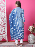 Jyoti Fashion Women's Indigo Blue Cotton Geometric Digital Print with Jari & Crystal Kurta with Trouser & Dupatta | Grocsy