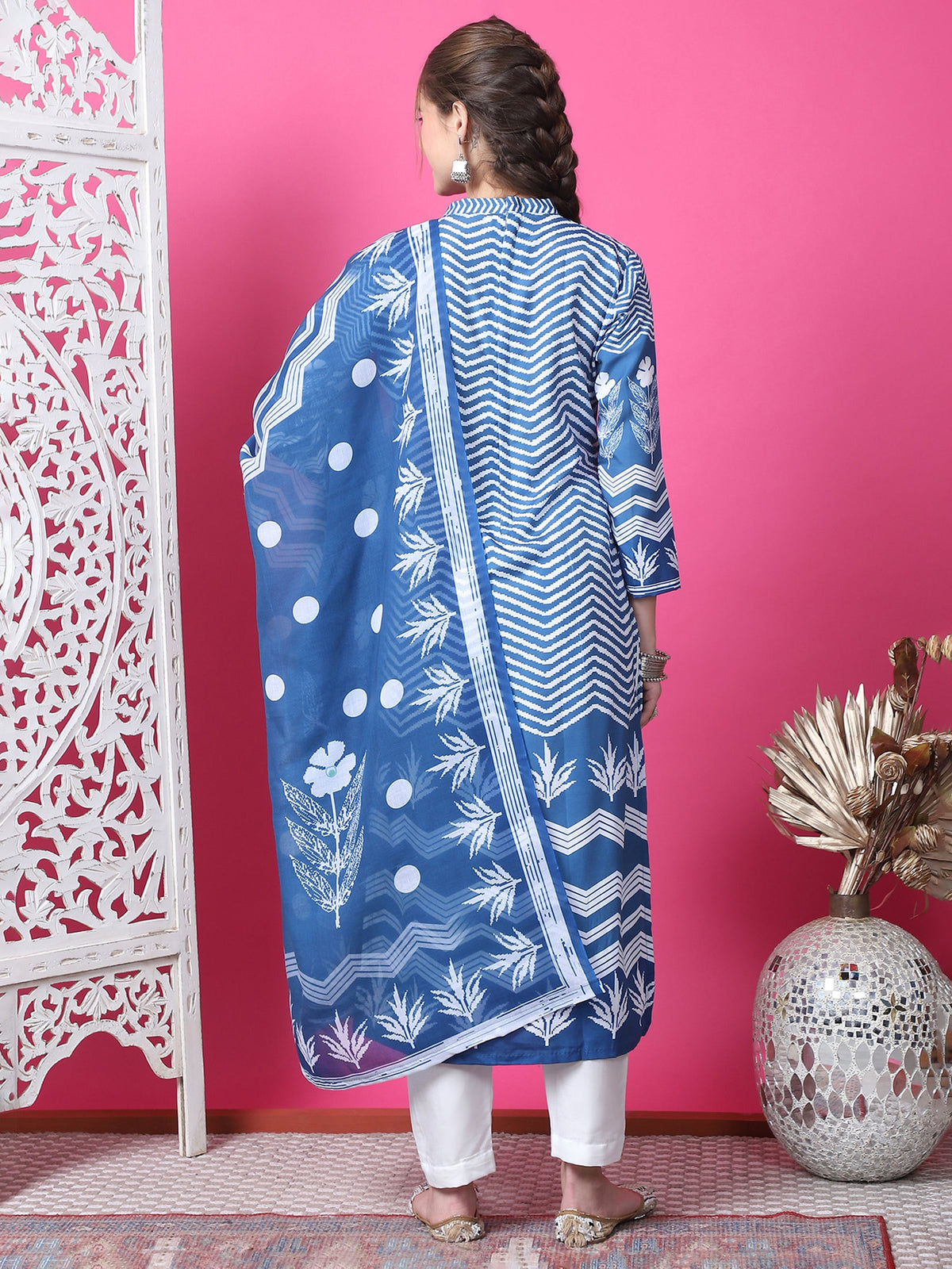 Jyoti Fashion Women's Indigo Blue Cotton Geometric Digital Print with Jari & Crystal Kurta with Trouser & Dupatta | Grocsy