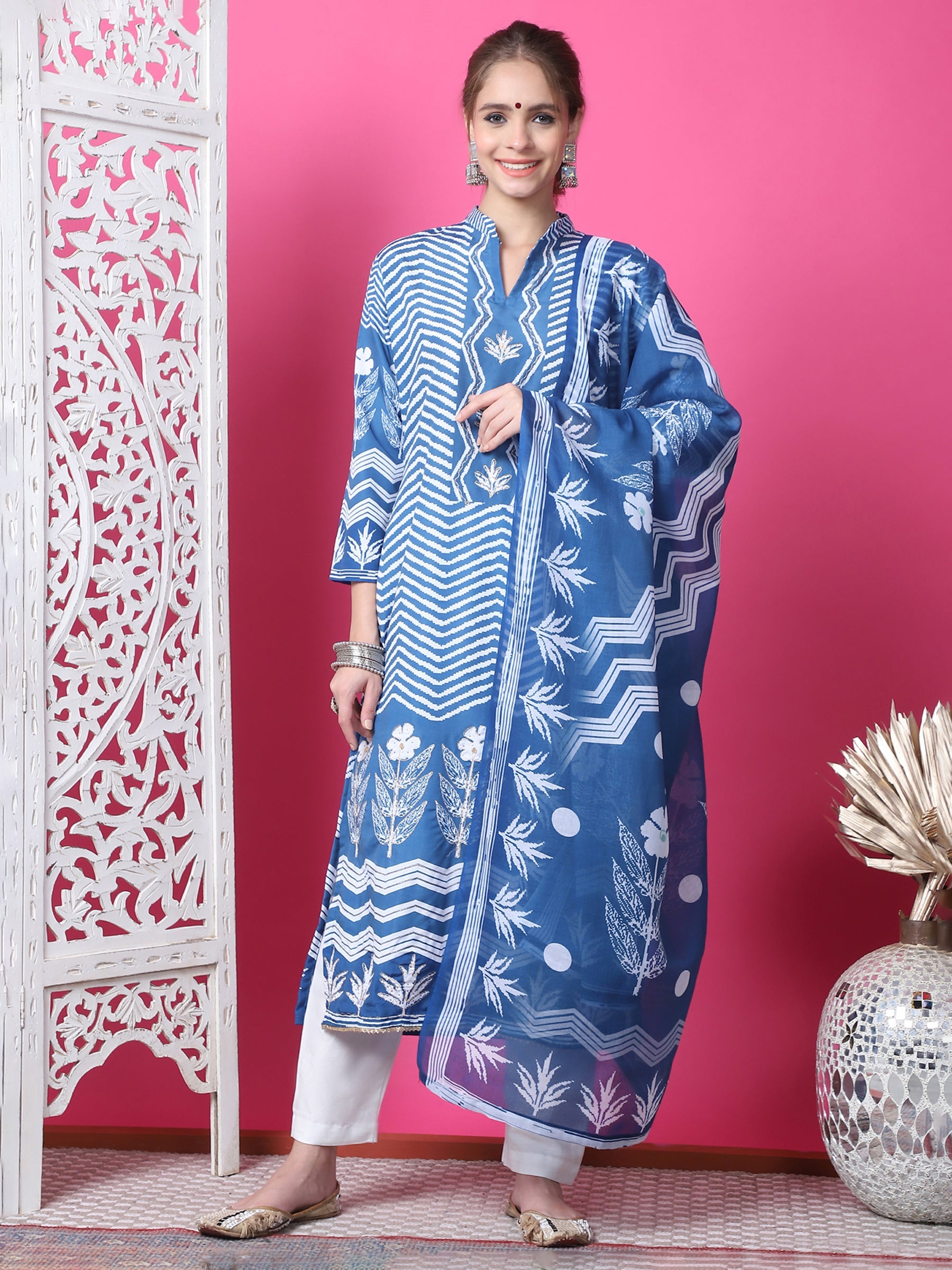 Jyoti Fashion Women's Indigo Blue Cotton Geometric Digital Print with Jari & Crystal Kurta with Trouser & Dupatta | Grocsy