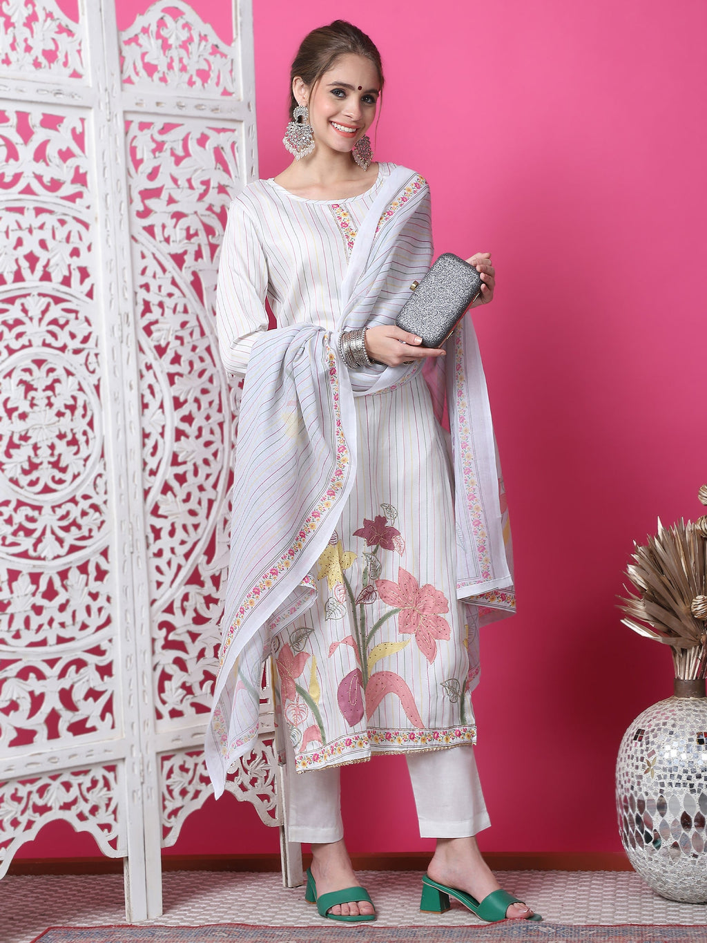 Jyoti Fashion Women's Off White Cotton Geometric Digital Print with Jari & Crystal Kurta with Trouser & Dupatta | Grocsy