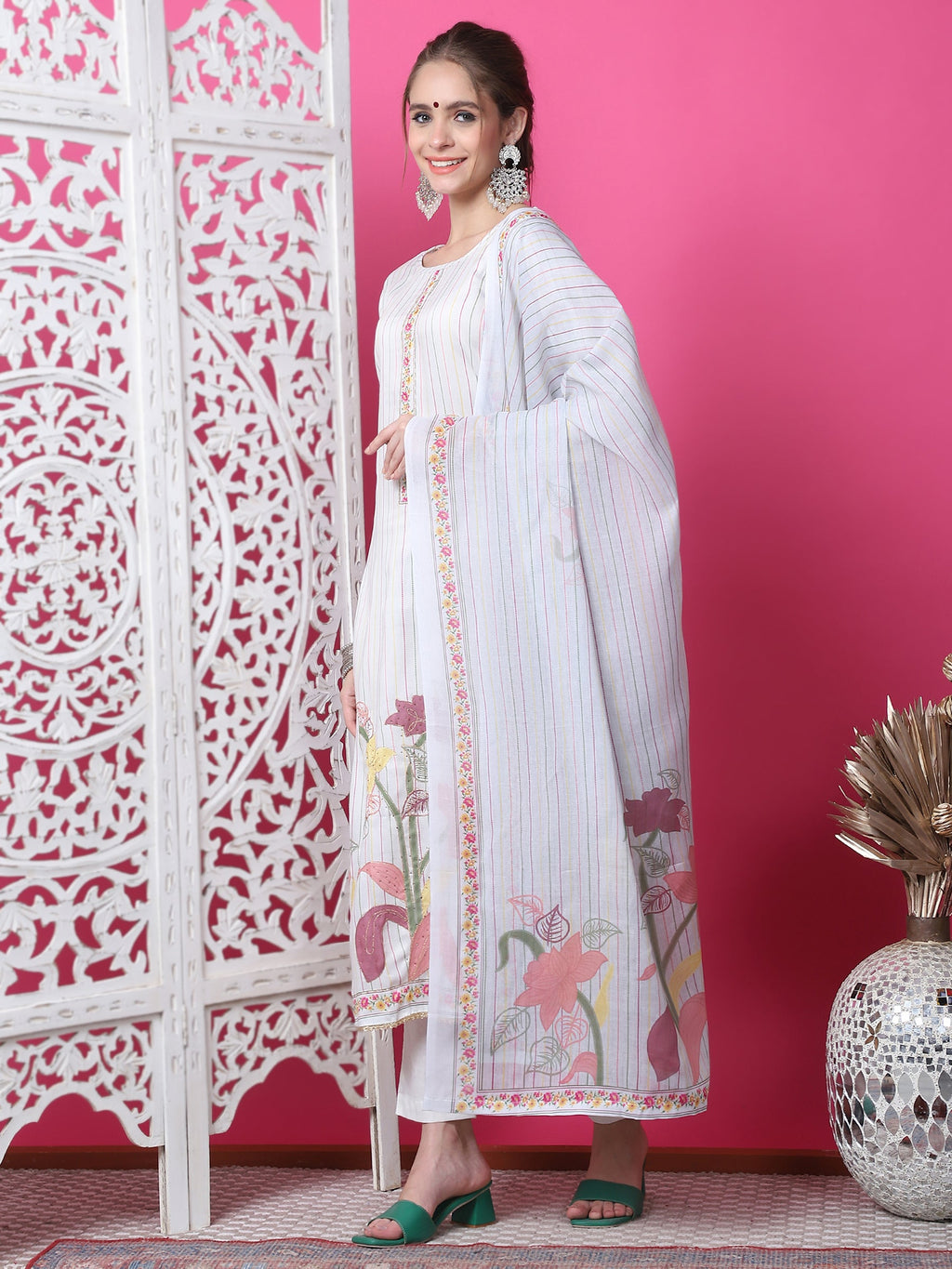 Jyoti Fashion Women's Off White Cotton Geometric Digital Print with Jari & Crystal Kurta with Trouser & Dupatta | Grocsy