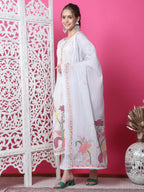 Jyoti Fashion Women's Off White Cotton Geometric Digital Print with Jari & Crystal Kurta with Trouser & Dupatta | Grocsy
