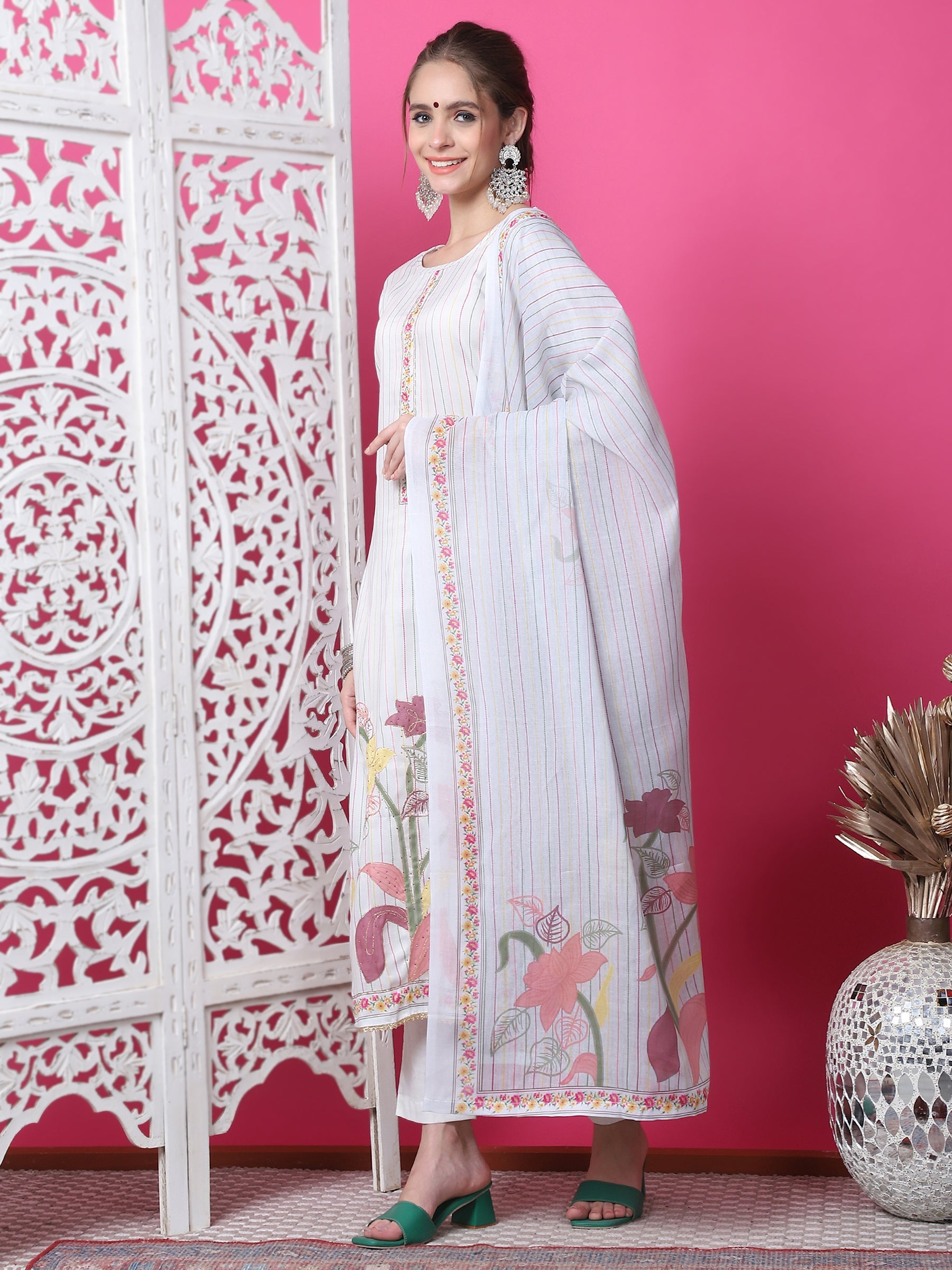 Jyoti Fashion Women's Off White Cotton Geometric Digital Print with Jari & Crystal Kurta with Trouser & Dupatta | Grocsy