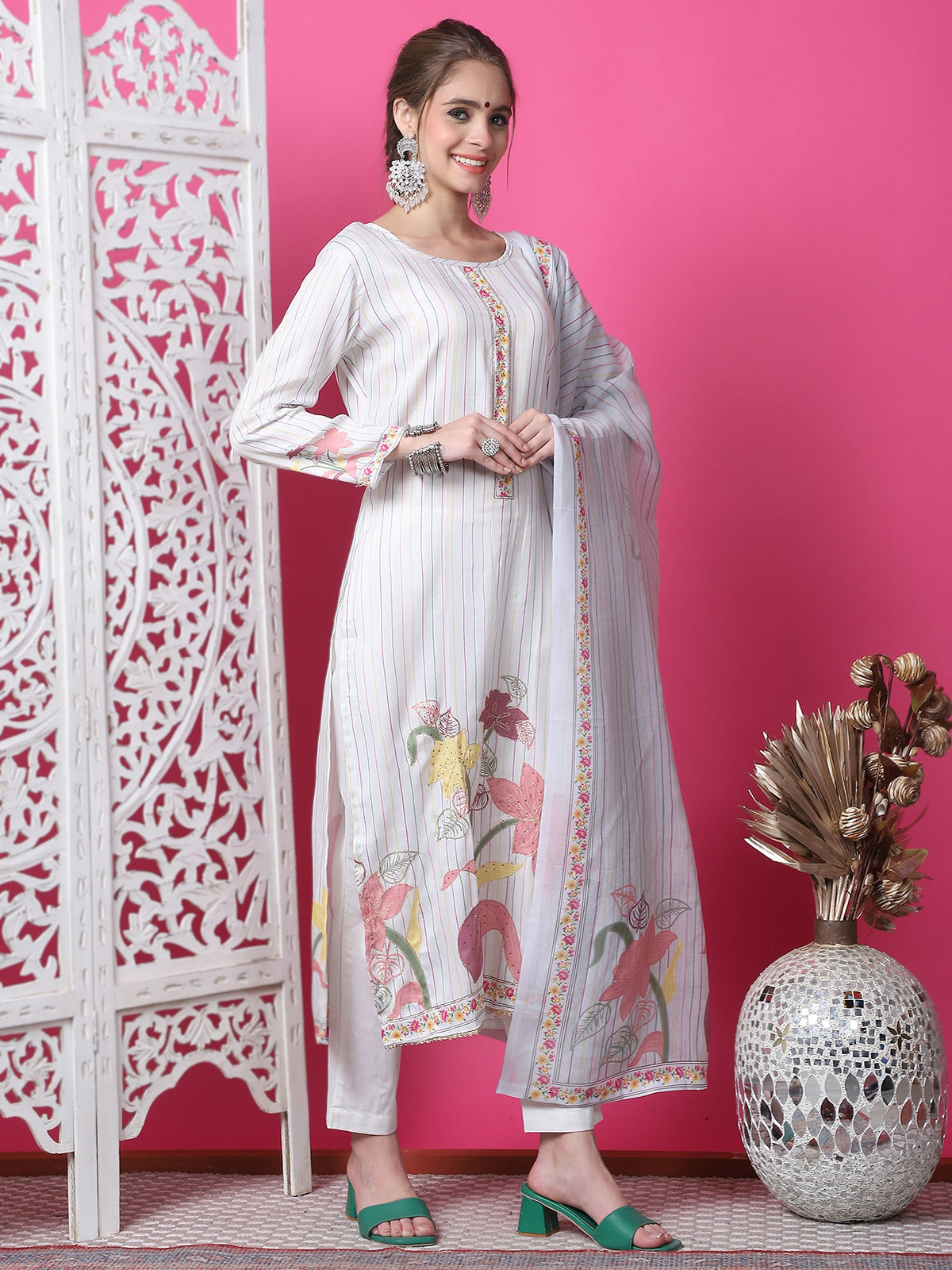 Jyoti Fashion Women's Off White Cotton Geometric Digital Print with Jari & Crystal Kurta with Trouser & Dupatta | Grocsy