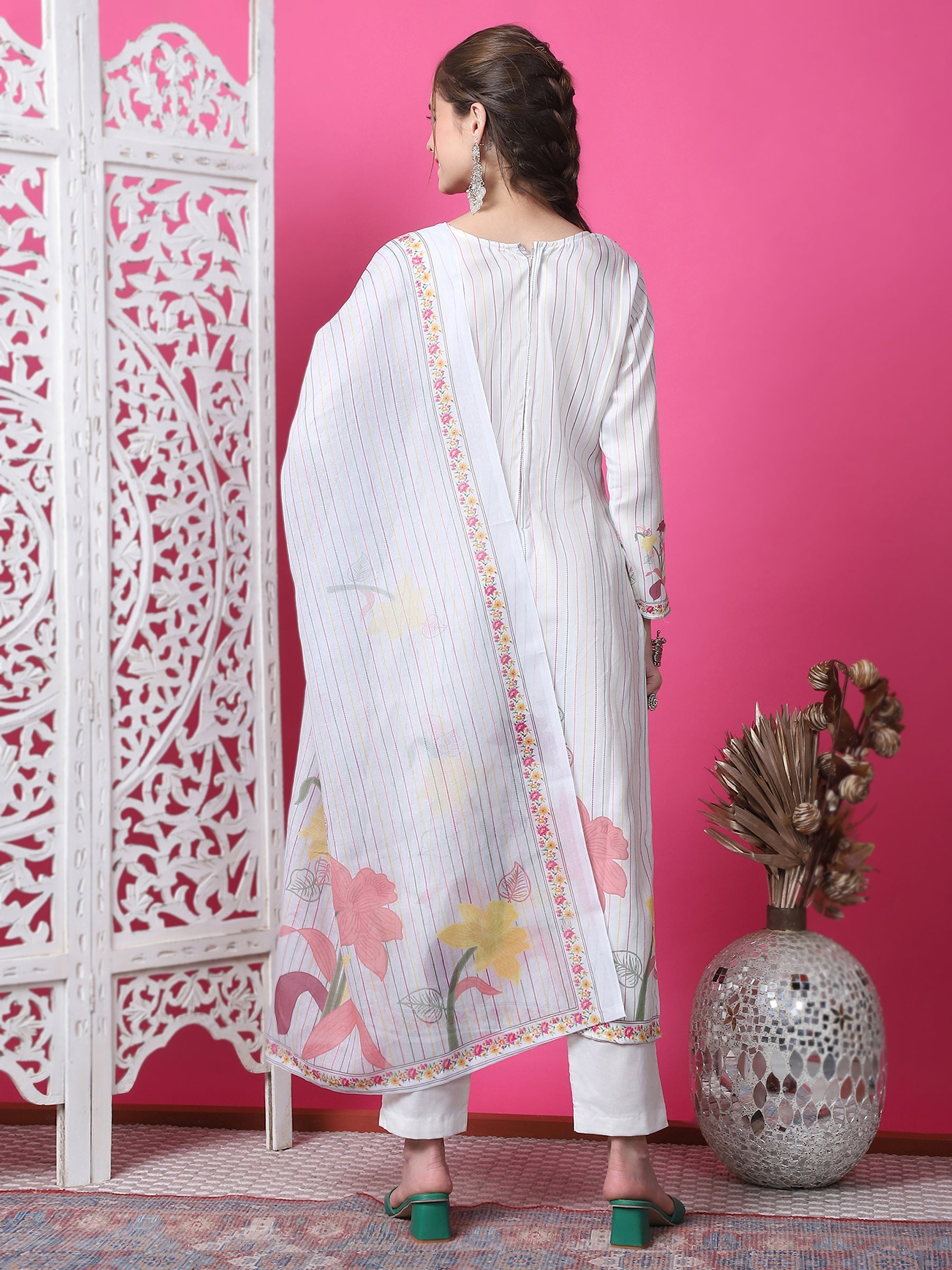 Jyoti Fashion Women's Off White Cotton Geometric Digital Print with Jari & Crystal Kurta with Trouser & Dupatta | Grocsy