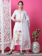 Jyoti Fashion Women's Off White Cotton Geometric Digital Print with Jari & Crystal Kurta with Trouser & Dupatta | Grocsy