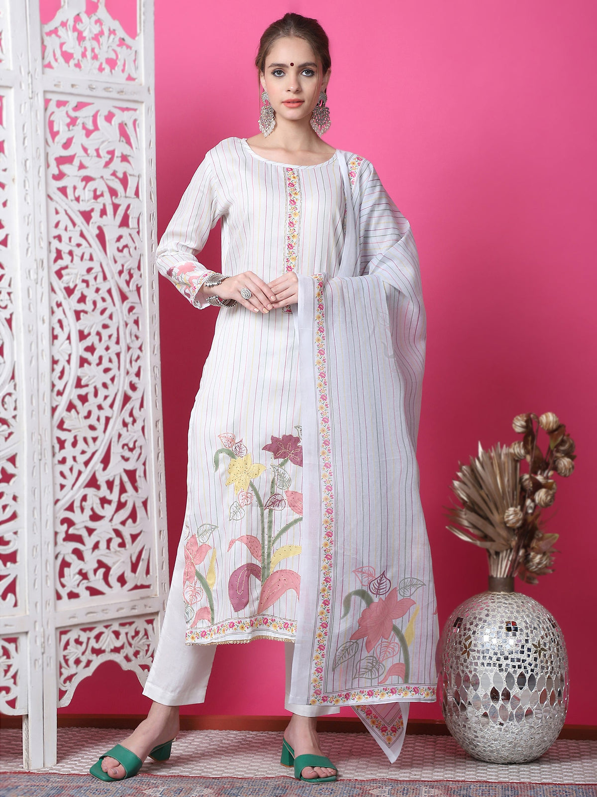 Jyoti Fashion Women's Off White Cotton Geometric Digital Print with Jari & Crystal Kurta with Trouser & Dupatta | Grocsy